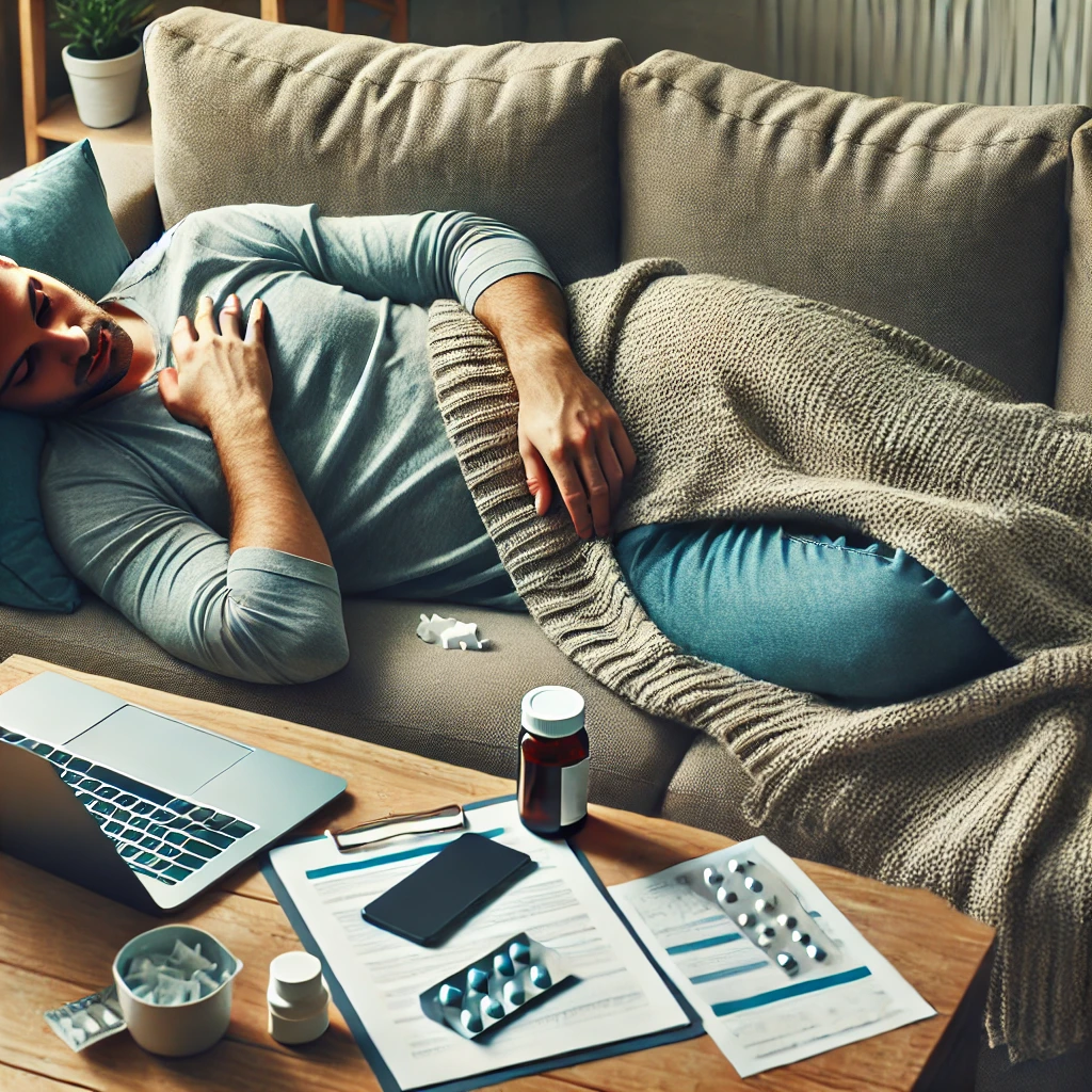 Autónomo en baja médica descansando en casa con portátil y medicinas