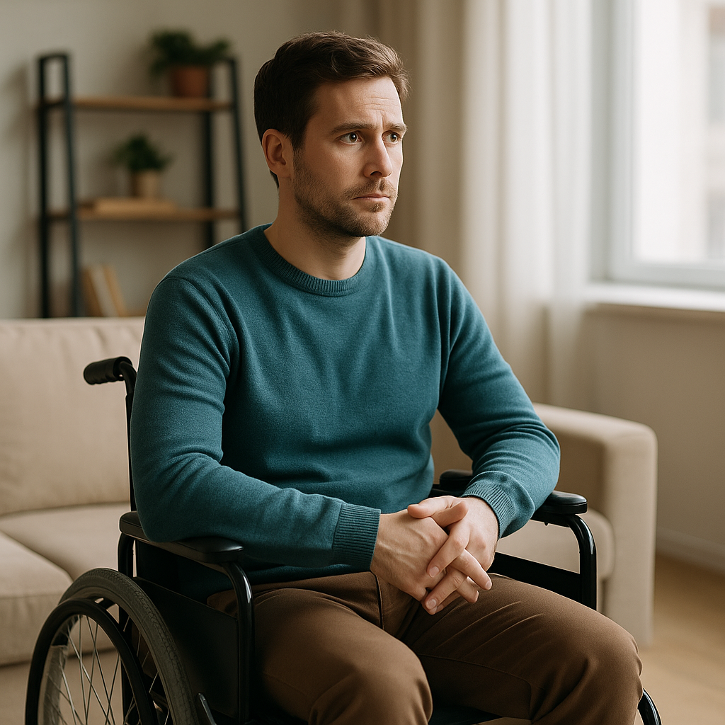Hombre sentado en una silla de rueda con mirada pensativa, preocupado ¿tendrá o no seguro de vida con invalidez?
