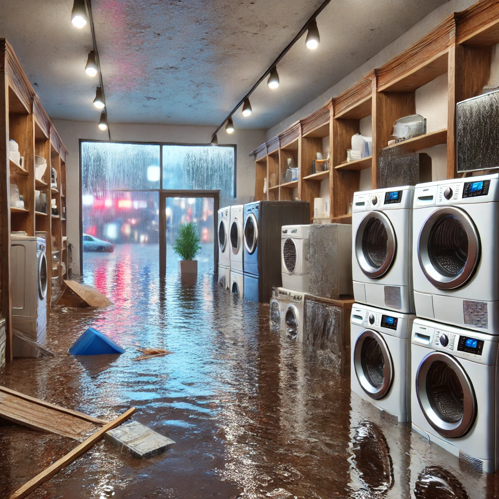 Tienda de electrodomésticos dañada por inundación, con agua sucia en el suelo y aparatos volteados, ilustrando la necesidad de seguro de lucro cesante.