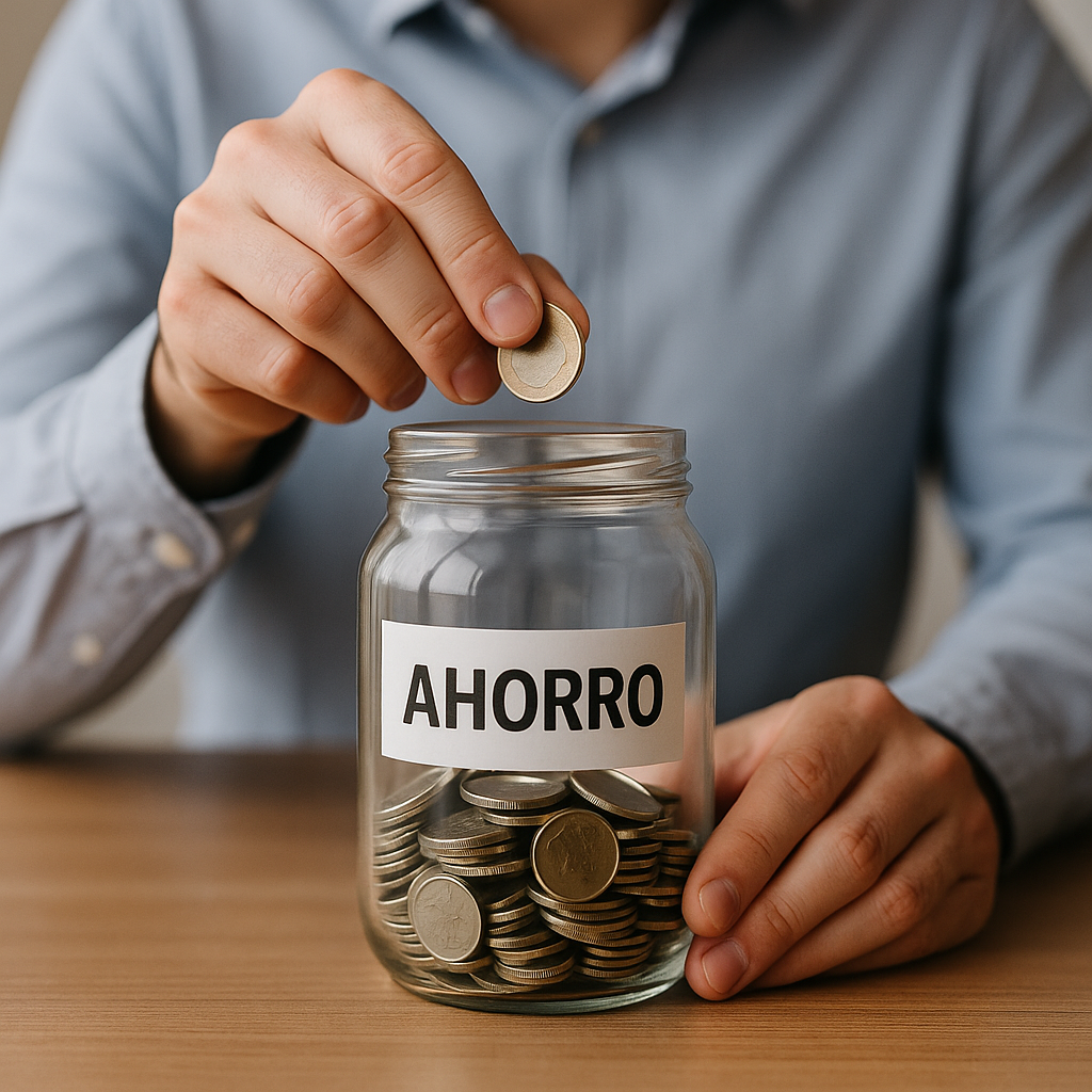 Persona depositando una moneda en un tarro de cristal etiquetado como “ahorro”, representando planificación económica.