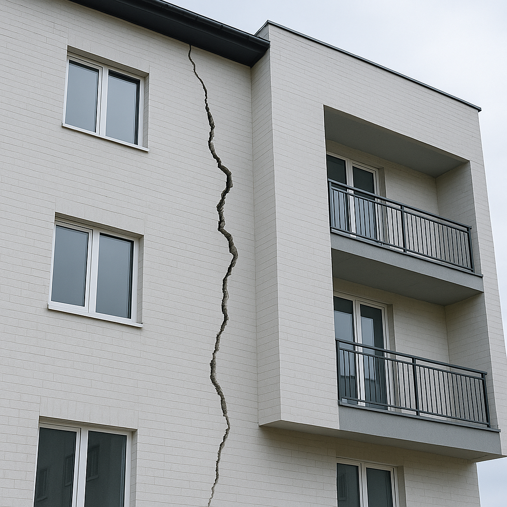 fachada de edificio con grietas estructurales y daños visibles en la estructura de concreto y ladrillo