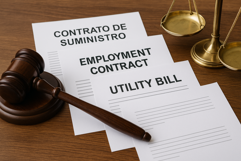 Contrato de suministro, contrato laboral y factura de servicios junto a balanza de justicia
