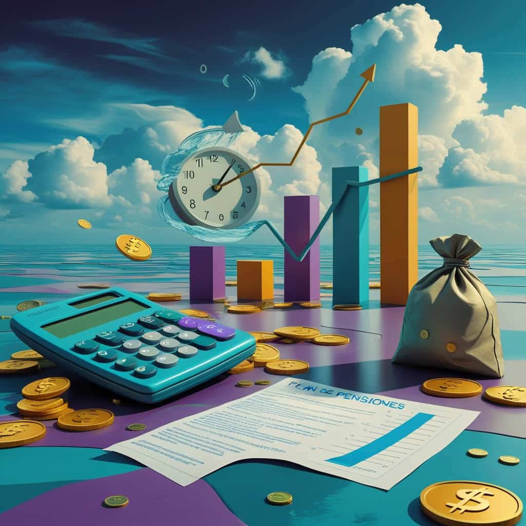 Ilustración surrealista de aportaciones a planes de pensiones con reloj derretido, gráfico de crecimiento, monedas y documento financiero
