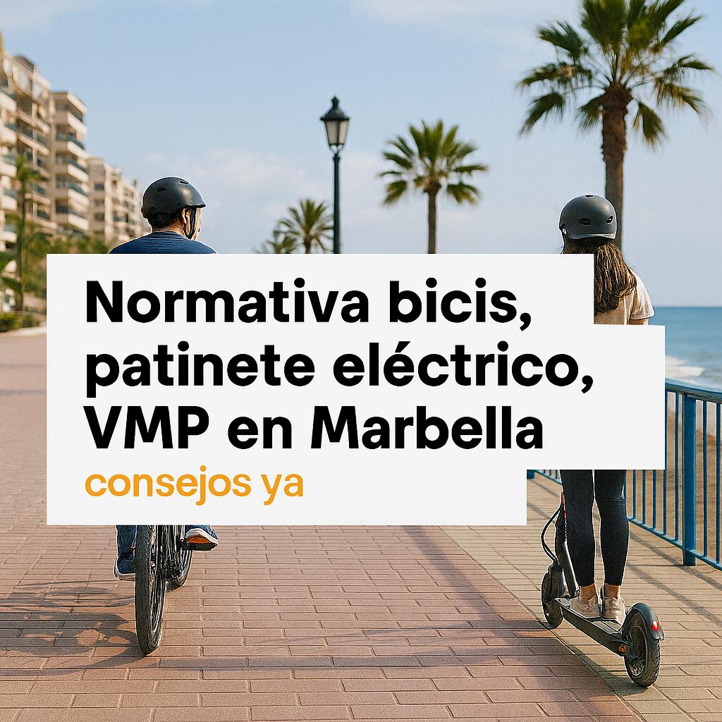 Dos personas circulan por el paseo marítimo de Marbella, una en bici y otra en patinete eléctrico, con casco y chaleco reflectante, junto al texto Normativa bicis, patinete eléctrico, VMP en Marbella
