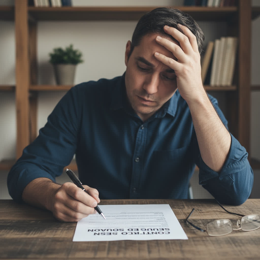 Hombre preocupado firmando contrato de seguro sin bonificación por no tener siniestralidad