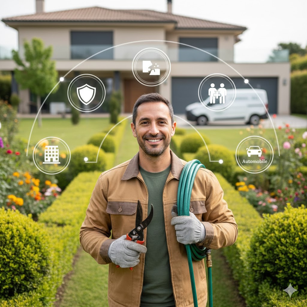 Hombre jardinero sonriendo en un jardín con iconos de seguros superpuestos, representando los 4 seguros imprescindibles para jardineros autónomos.