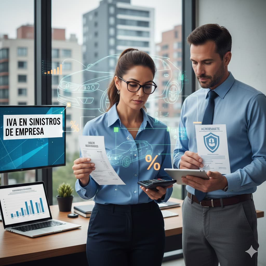 Dos profesionales, un hombre y una mujer, revisando documentos y usando una calculadora, con gráficos y un esquema de coche en el fondo, simbolizando el IVA en siniestros de empresa para autónomos.