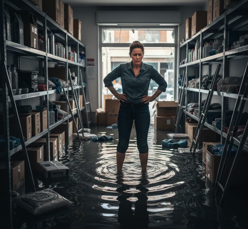 Una persona dueña de un comercio observa con preocupación su local inundado, representando situaciones que un seguro de comercio no cubre.
