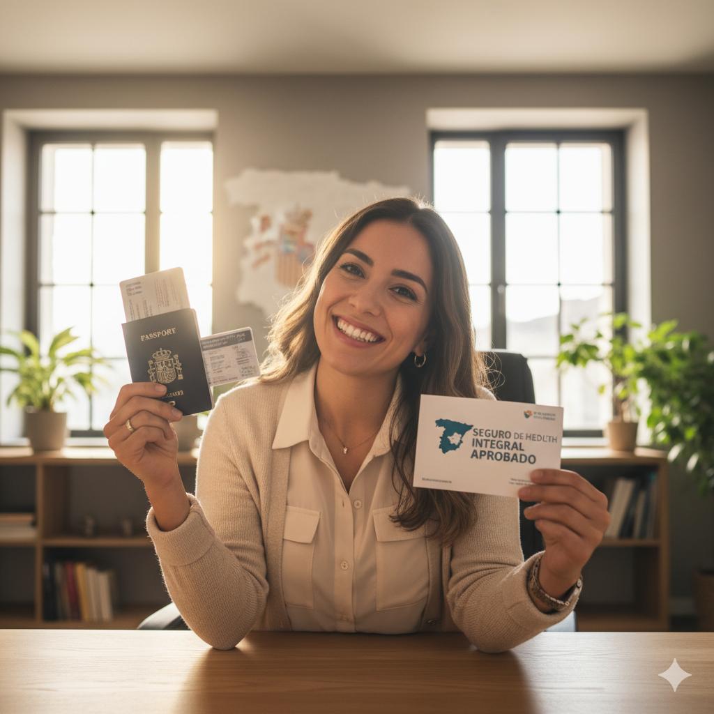 Joven con documentos y seguro médico, sonriendo tras obtener el permiso de residencia en España.