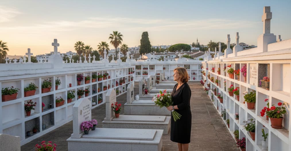 Mujer de mediana edad vestida de negro con un ramo de flores, de pie en un cementerio de nichos blancos andaluz al atardecer, simbolizando la planificación que ofrece el seguro de decesos.