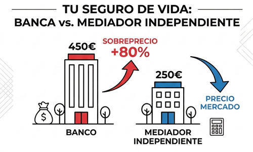 Infografía esquemática en colores azul y rojo que compara los altos costes de un seguro de vida vinculado al banco frente al precio de mercado de un mediador independiente, destacando el sobreprecio bancario y el ahorro extra a 20 años.